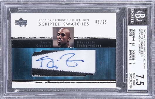 2003-04 UD "Exquisite Collection" Scripted Swatches #KG Kevin Garnett Signed Game Used Patch Card (#08/25) – BGS NM+ 7.5/BGS 10
